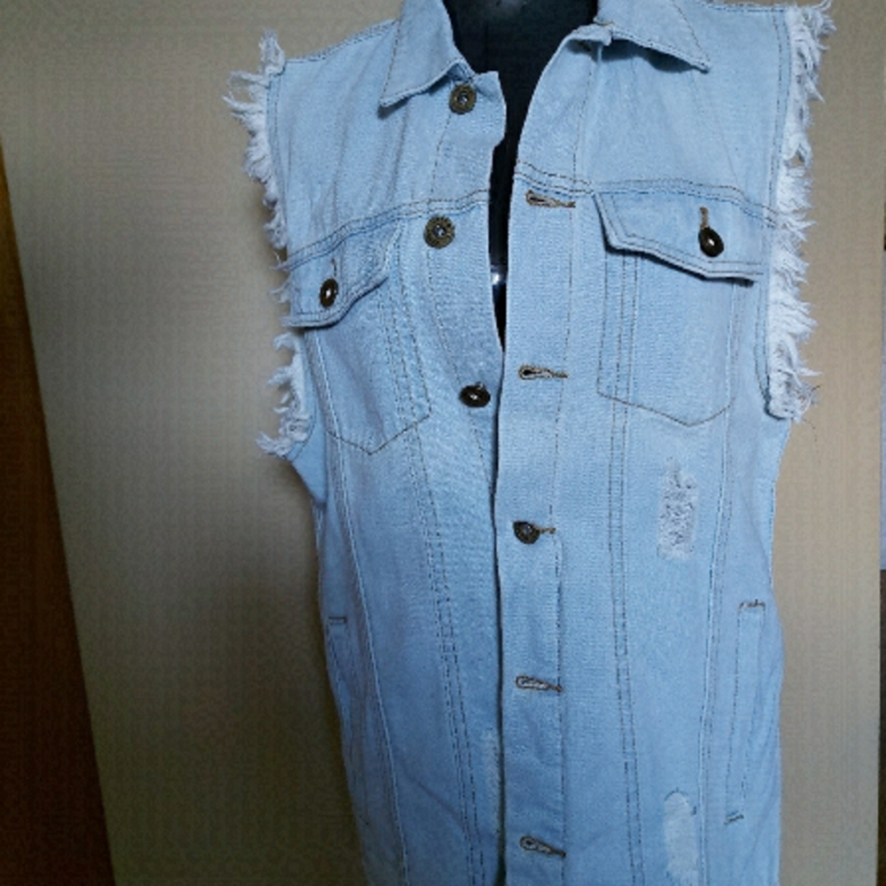 Edgy Streetwear Anna-Kaci Light Wash Frayed Denim Vest 90s Grunge Sz Large